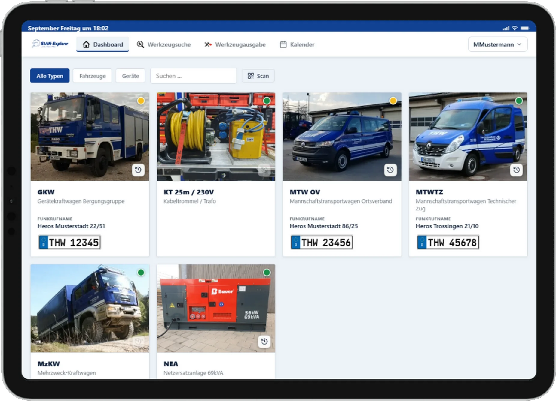 StAN-Explorer Dashboard eines THW-Ortsverbands mit Fahrzeug- und Gerätekacheln und Bereitschafts-Status.