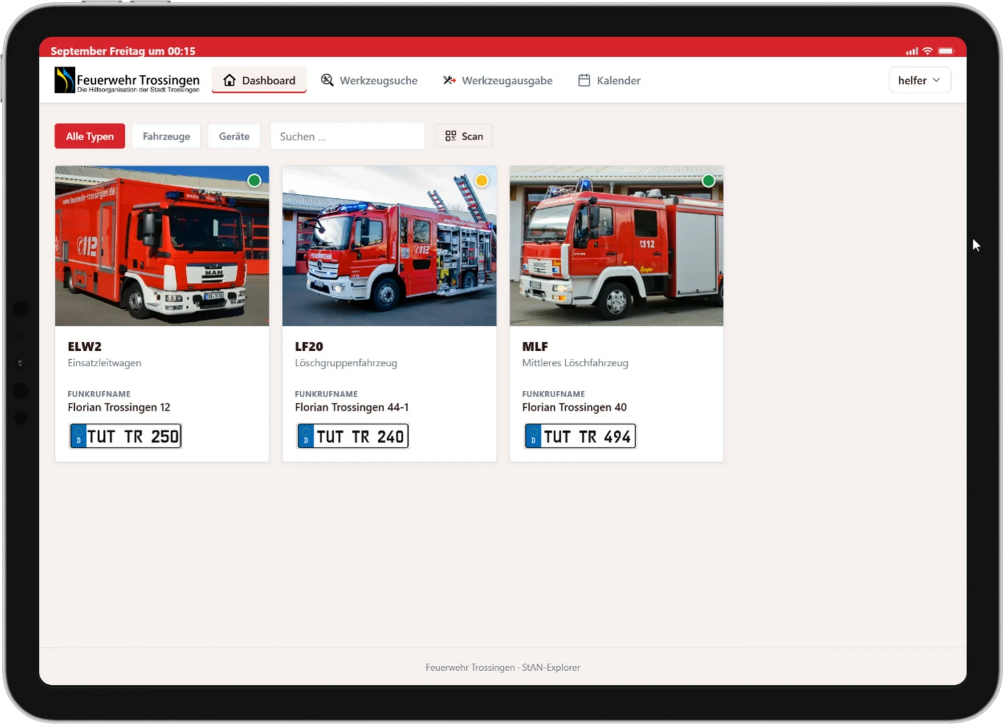 StAN-Explorer Dashboard einer Feuerwehr mit Fahrzeugkacheln und Bereitschafts-Status.