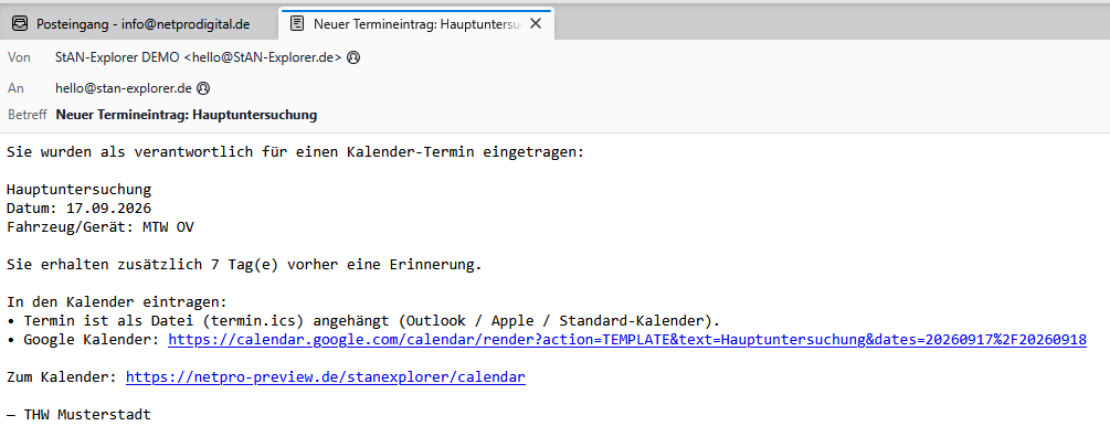 Automatische Erinnerungs-E-Mail zu einem anstehenden Termin mit Kalender-Datei und Google-Kalender-Link.