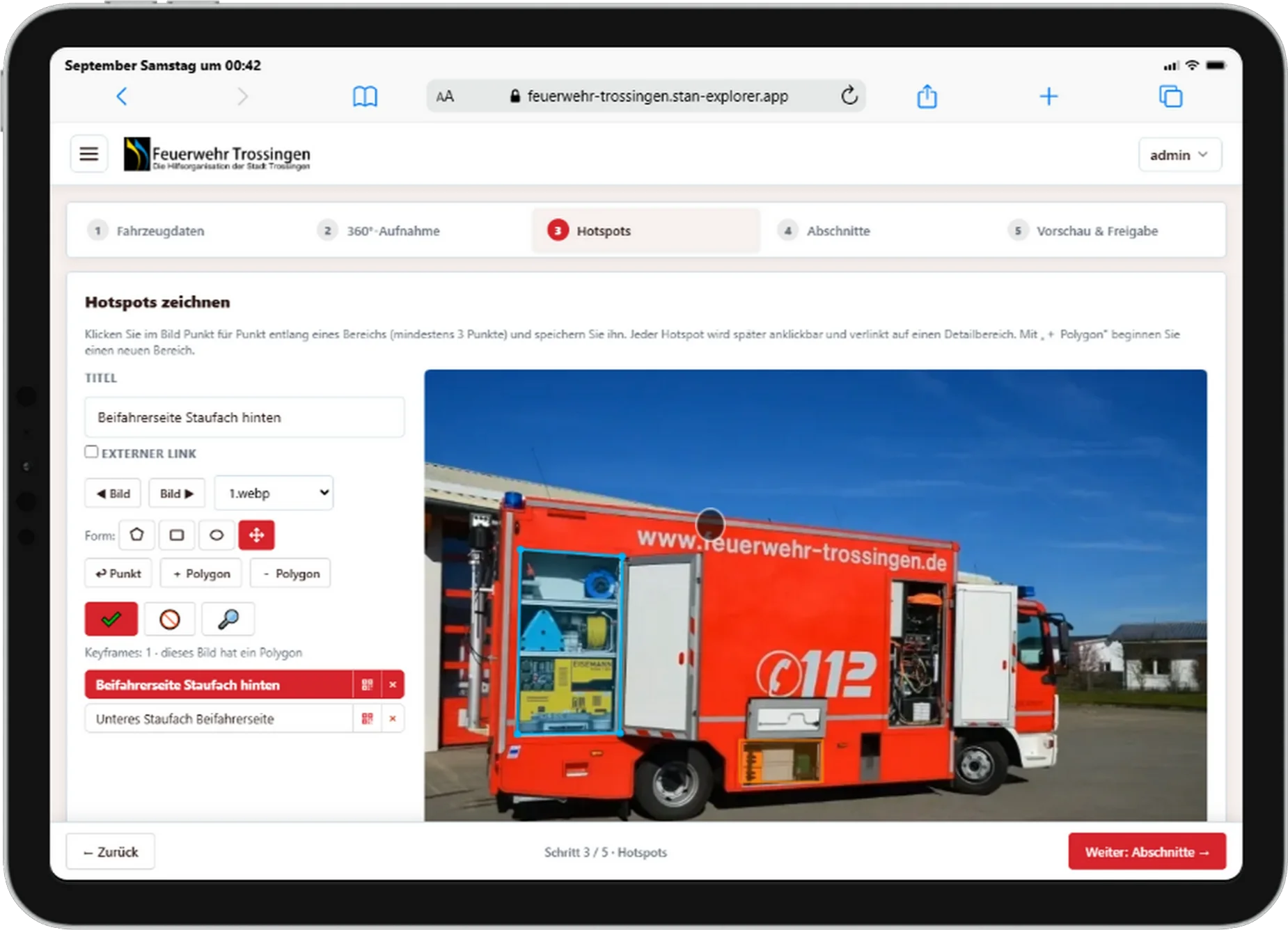 Wizard-Schritt Hotspots (Feuerwehr) mit markierten Bereichen am Fahrzeug.