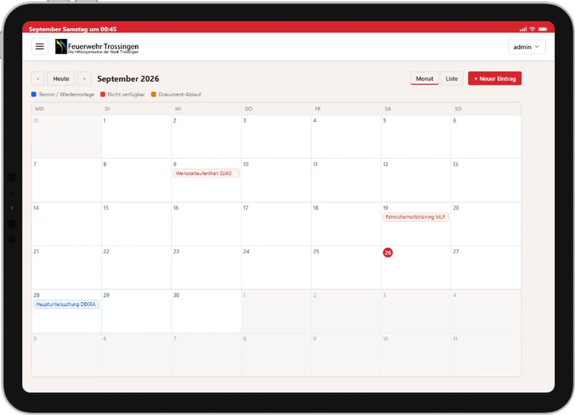Kalender der Feuerwehr mit Terminen, Prüffristen und Dokument-Abläufen.