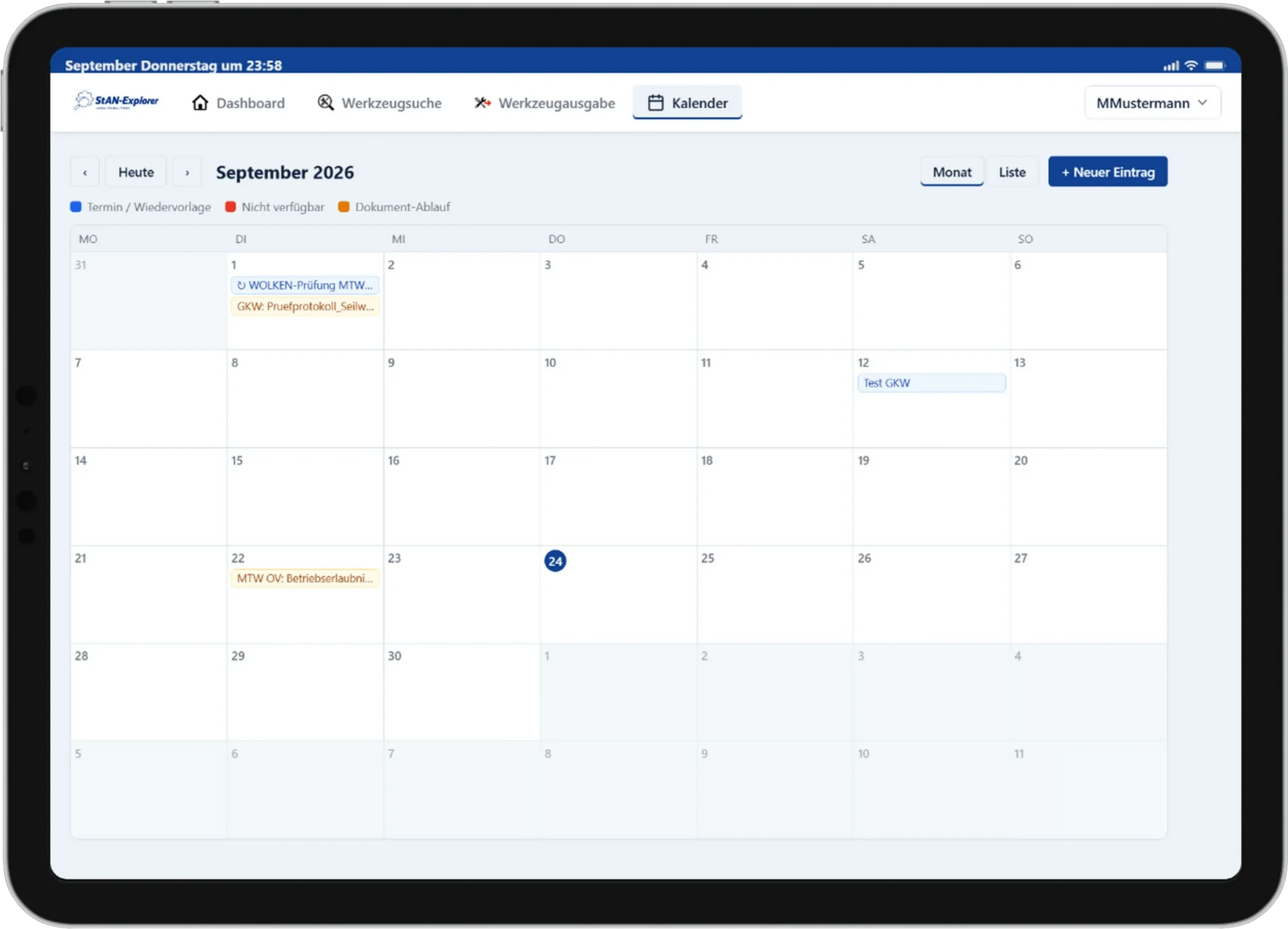 Kalender des THW mit Terminen, Prüffristen und Dokument-Abläufen.