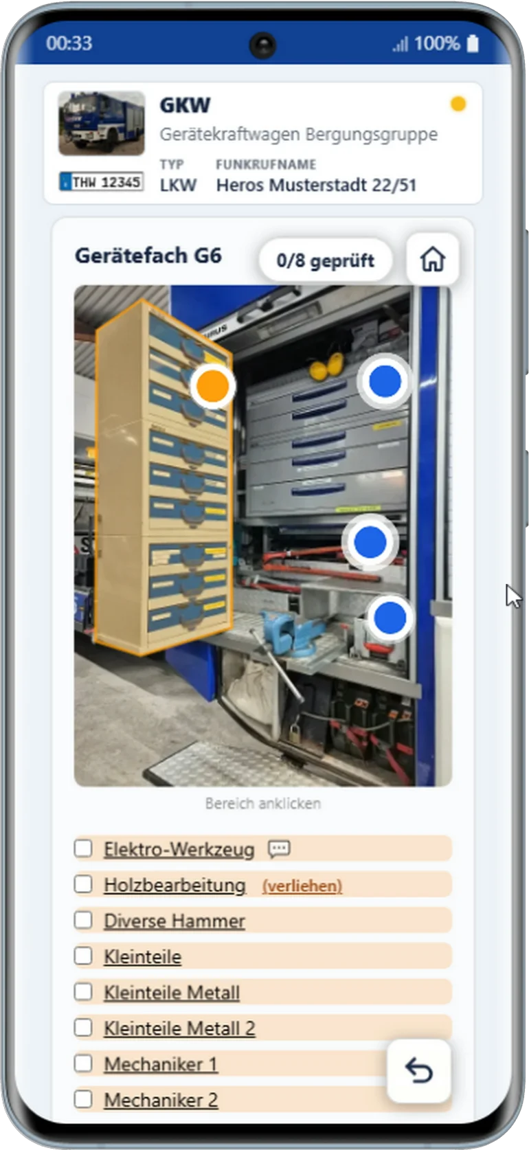 Mobiler Prüf-Check auf dem Smartphone: Gerätefach G6 des THW-Gerätekraftwagens mit anklickbaren Prüfpunkten.