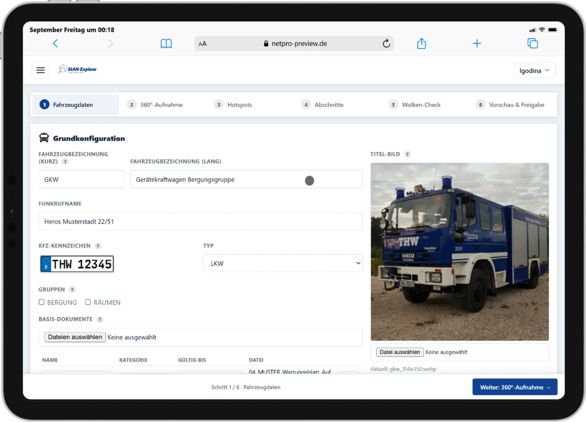 Wizard-Schritt Grundkonfiguration (THW) mit Fahrzeugdaten und Titelbild.